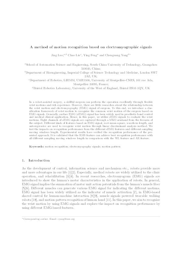 A method of motion recognition based on electromyographic signals Thumbnail