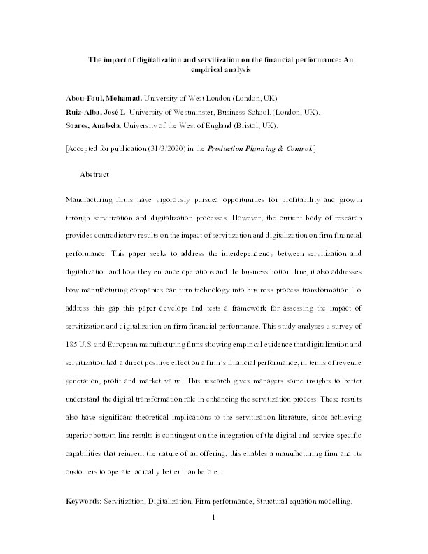The impact of digitalization and servitization on the financial performance of a firm: An empirical analysis Thumbnail