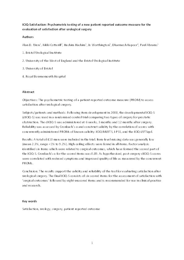 International Consultation on Incontinence Questionnaire-Satisfaction: psychometric testing of a new patient-reported outcome measure for the evaluation of satisfaction after urological surgery Thumbnail