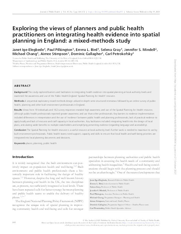 Exploring the views of planners and public health practitioners on integrating health evidence into spatial planning in England: A mixed-methods study Thumbnail