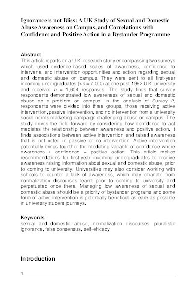 Ignorance is not bliss: A UK study of sexual and domestic abuse awareness on campus, and correlations with confidence and positive action in a bystander program Thumbnail