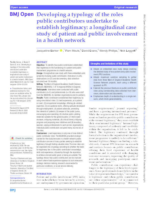 Developing a typology of the roles public contributors undertake to establish legitimacy: A longitudinal case study of patient and public involvement in a health network Thumbnail