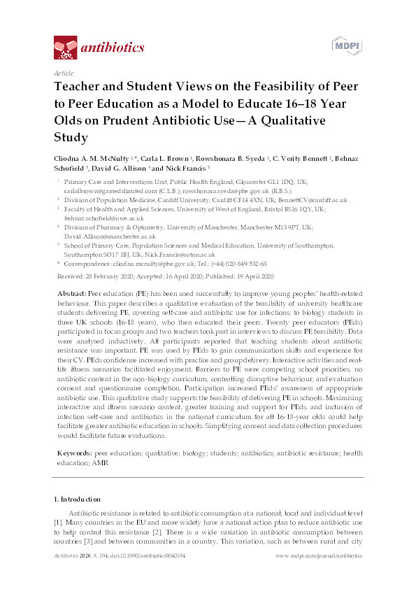 Teacher and student views on the feasibility of peer to peer education as a model to educate 16–18 year olds on prudent antibiotic use—a qualitative study Thumbnail