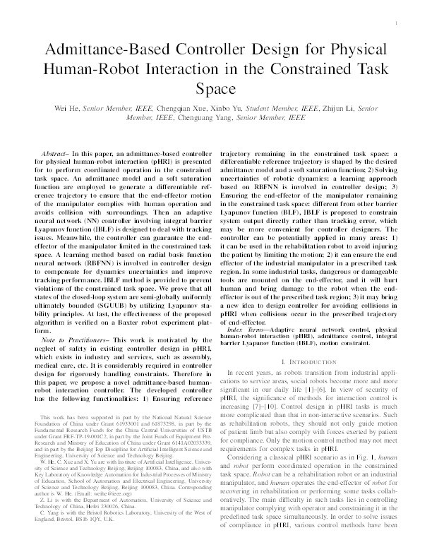 Admittance-based controller design for physical human-robot interaction in the constrained task space Thumbnail