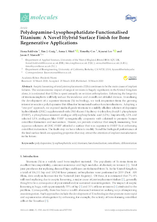 Polydopamine-lysophosphatidate-functionalised titanium: A novel hybrid surface finish for bone regenerative applications Thumbnail