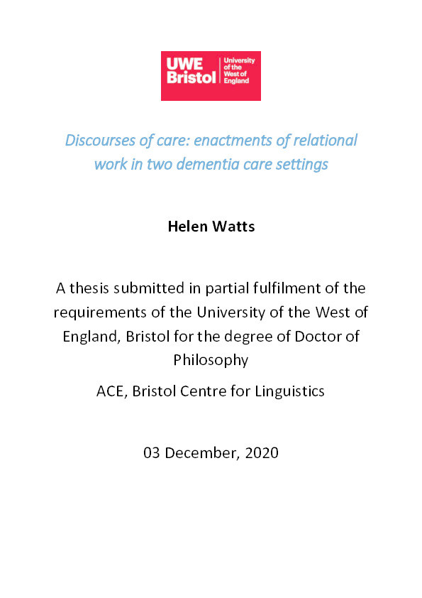 Discourses of Care: Enactments of relational work in two dementia care settings Thumbnail