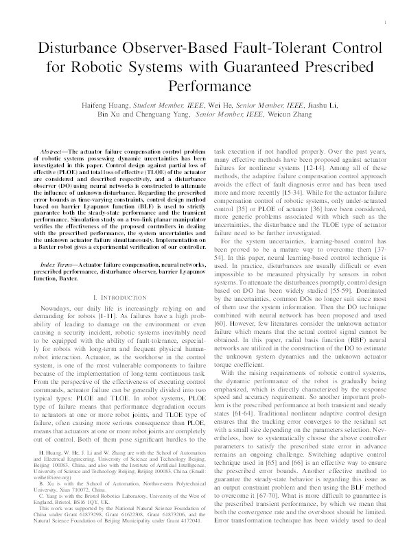 Disturbance observer-based fault-tolerant control for robotic systems with guaranteed prescribed performance Thumbnail