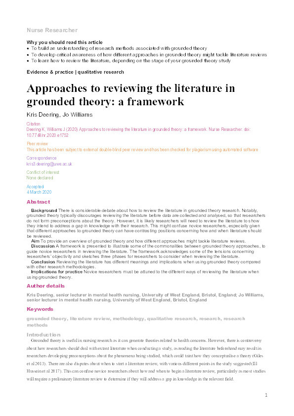 Approaches to reviewing the literature in grounded theory: A framework Thumbnail