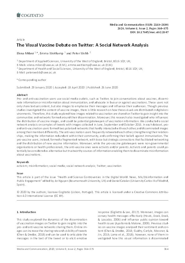 The visual vaccine debate on Twitter: A social network analysis Thumbnail