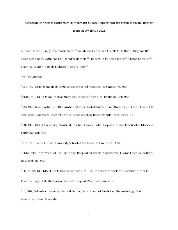 Advancing stiffness measurement in rheumatic disease: Report from the stiffness special interest group at OMERACT 2018 Thumbnail