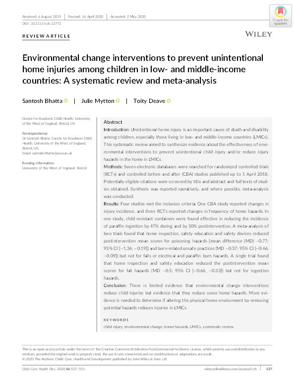 Environmental change interventions to prevent unintentional home injuries among children in low- and middle-income countries: A systematic review and meta-analysis Thumbnail