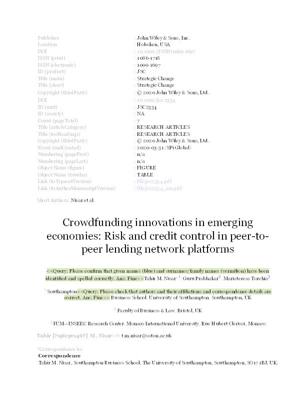 Crowdfunding innovations in emerging economies: Risk and credit control in peer-to-peer lending network platforms Thumbnail