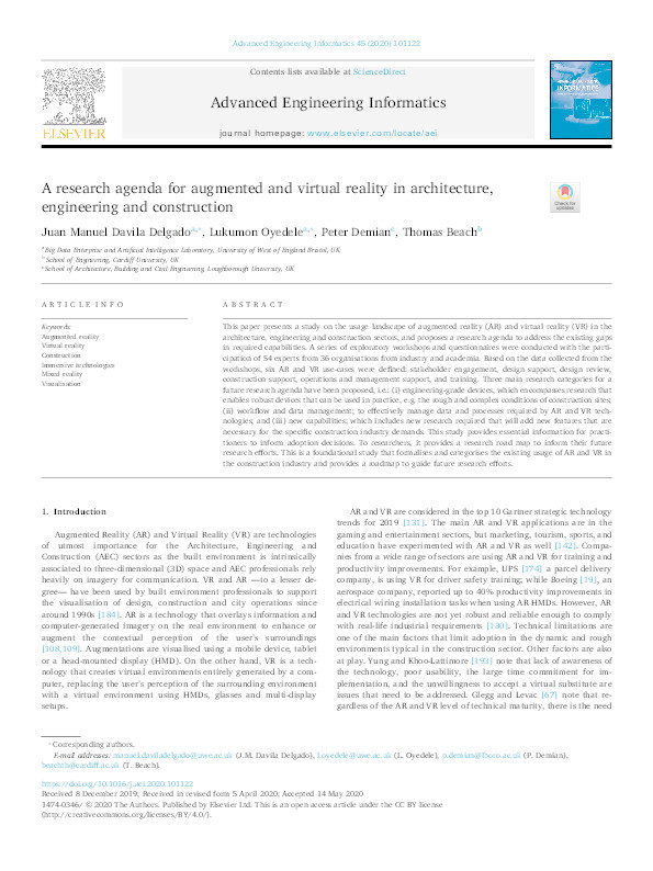 A research agenda for augmented and virtual reality in architecture, engineering and construction Thumbnail