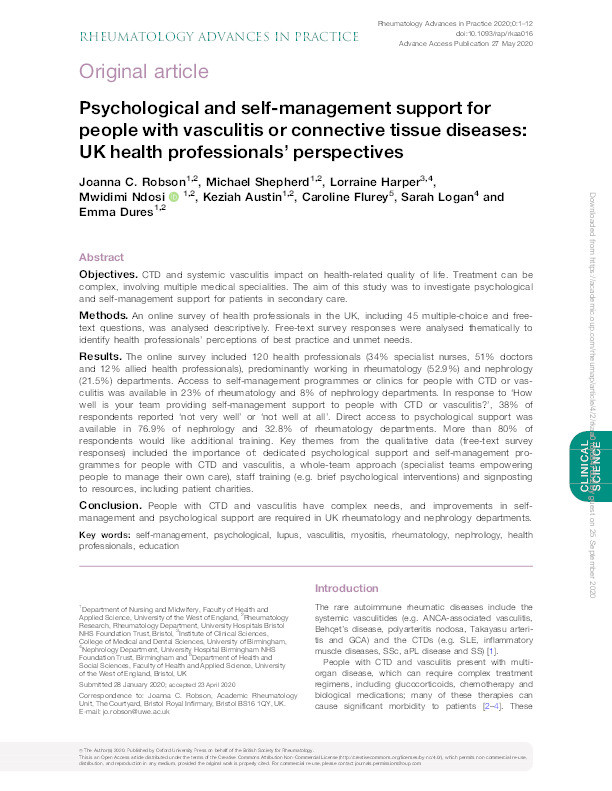 Psychological and self-management support for people with vasculitis or connective tissue diseases: UK health professionals' perspectives Thumbnail