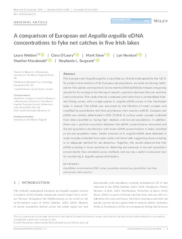 A comparison of European eel Anguilla anguilla eDNA concentrations to fyke net catches in five Irish lakes Thumbnail