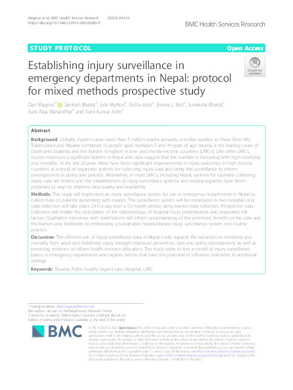Establishing injury surveillance in emergency departments in Nepal: Protocol for mixed methods prospective study Thumbnail