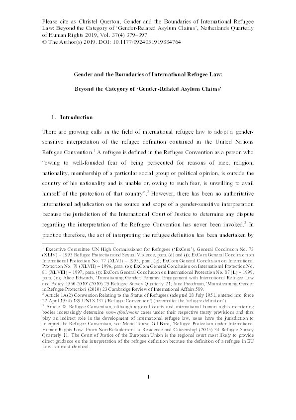 Gender and the boundaries of international refugee law: Beyond the category of ‘gender-related asylum claims’ Thumbnail