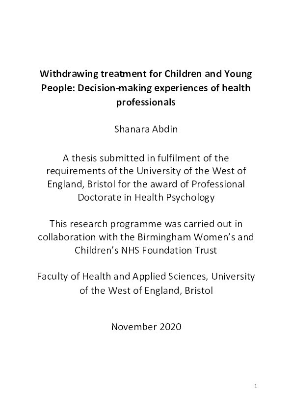 Withdrawing treatment for children and young people: Decision-making experiences of health professionals Thumbnail