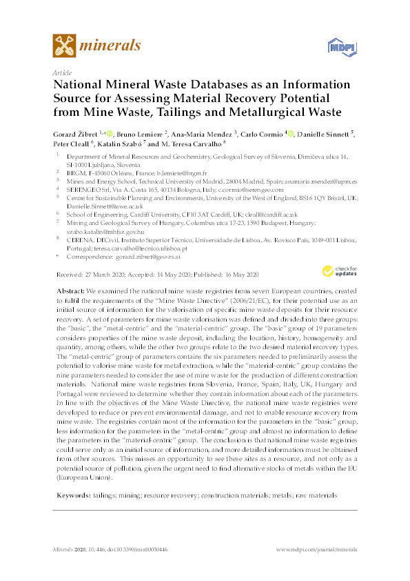 National mineral waste databases as an information source for assessing material recovery potential from mine waste, tailings and metallurgical waste Thumbnail