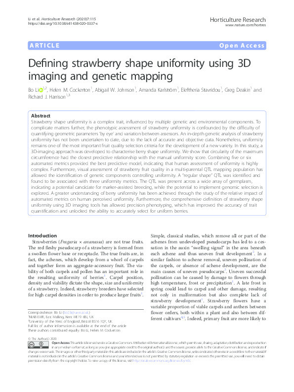 Defining strawberry shape uniformity using 3D imaging and genetic mapping Thumbnail