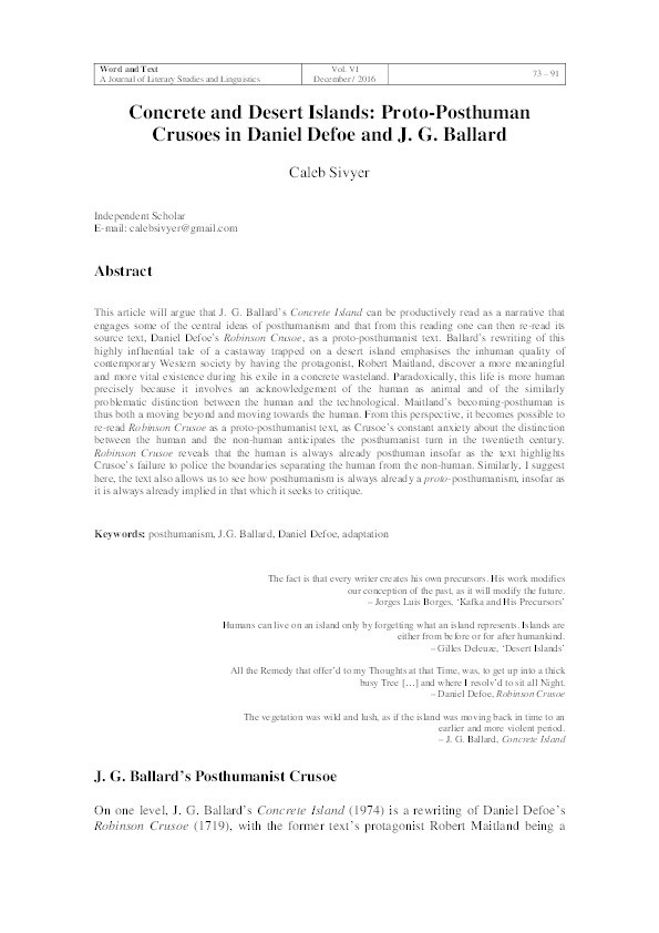 Concrete and desert islands: Proto-posthuman crusoes in Daniel Defoe and J. G. Ballard Thumbnail