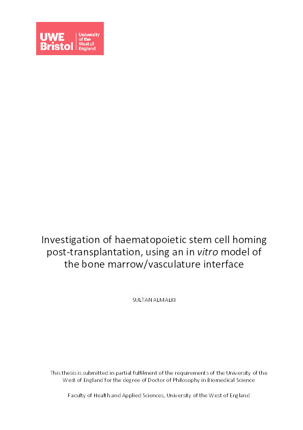 Investigation of haematopoietic stem cell homing post-transplantation using an in vitro model of the bone marrow/vasculature interface Thumbnail