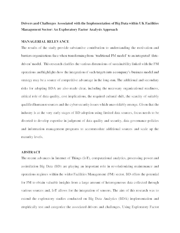 Drivers and challenges associated with the implementation of big data within UK facilities management sector: An exploratory factor analysis approach Thumbnail