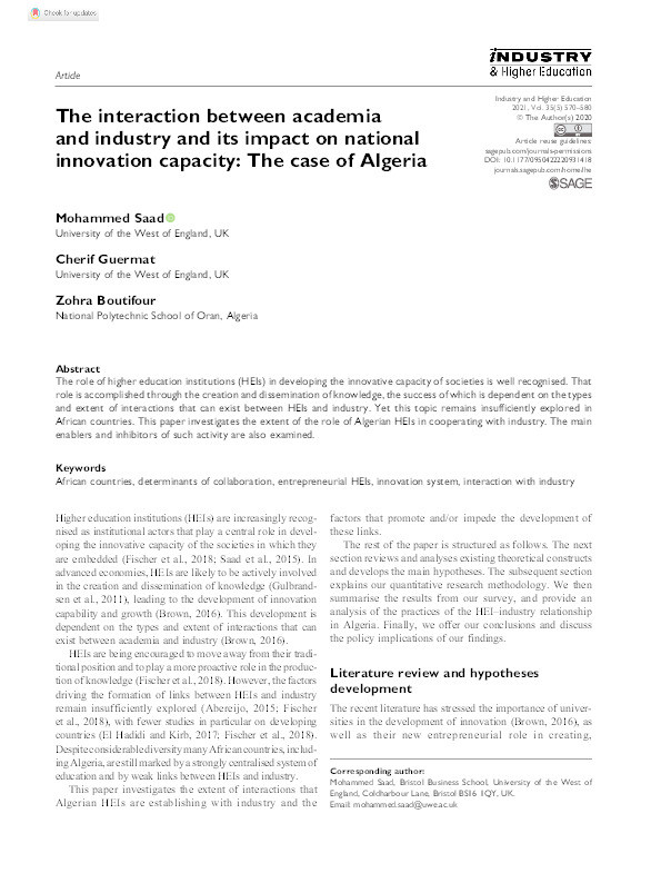 The interaction between academia and industry and its impact on national innovation capacity: The case of Algeria Thumbnail
