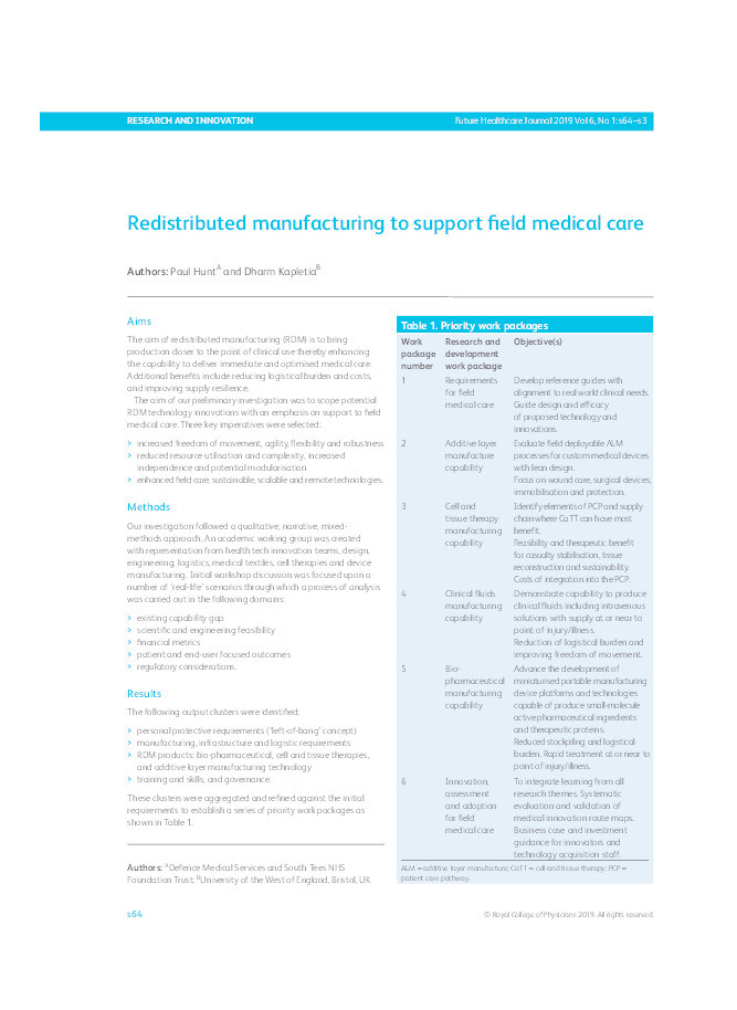 Redistributed manufacturing to support field medical care Thumbnail