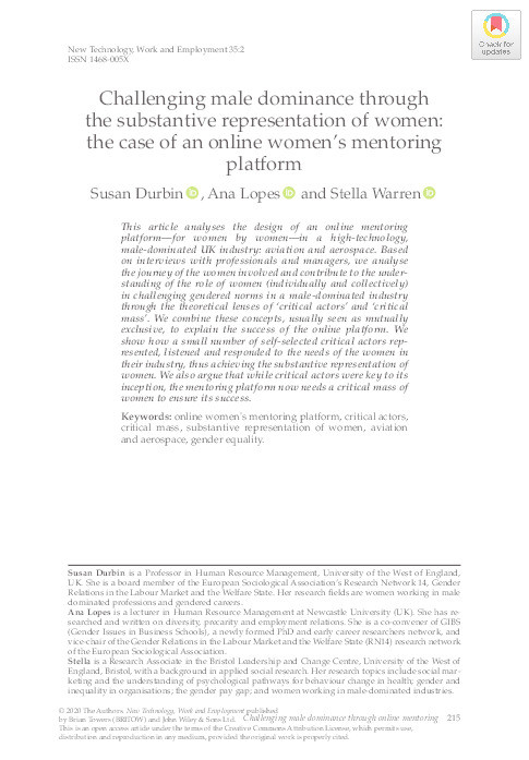 Challenging male dominance through the substantive representation of women: The case of an online women’s mentoring platform Thumbnail