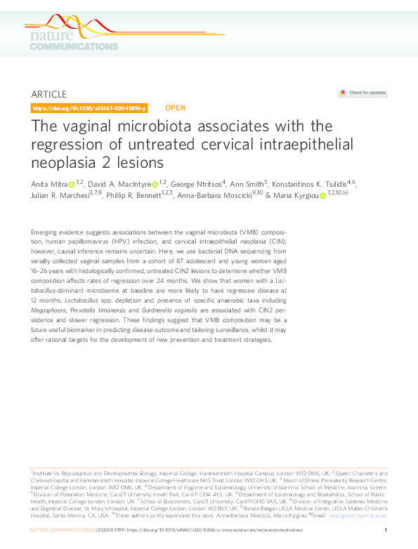 The vaginal microbiota associates with the regression of untreated cervical intraepithelial neoplasia 2 lesions Thumbnail