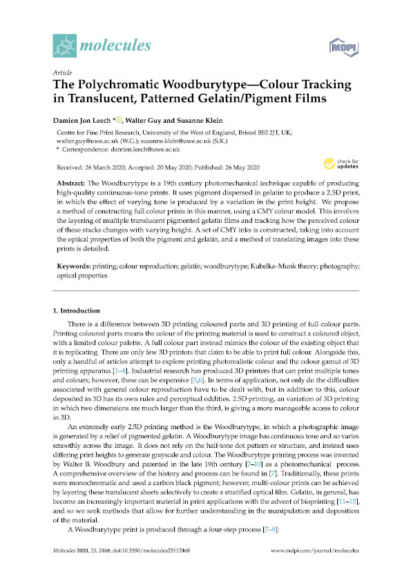 The polychromatic Woodburytype: Colour tracking in translucent, patterned gelatin/pigment films Thumbnail