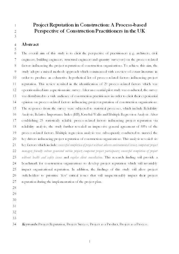 Project reputation in construction: A process-based perspective of construction practitioners in the UK Thumbnail