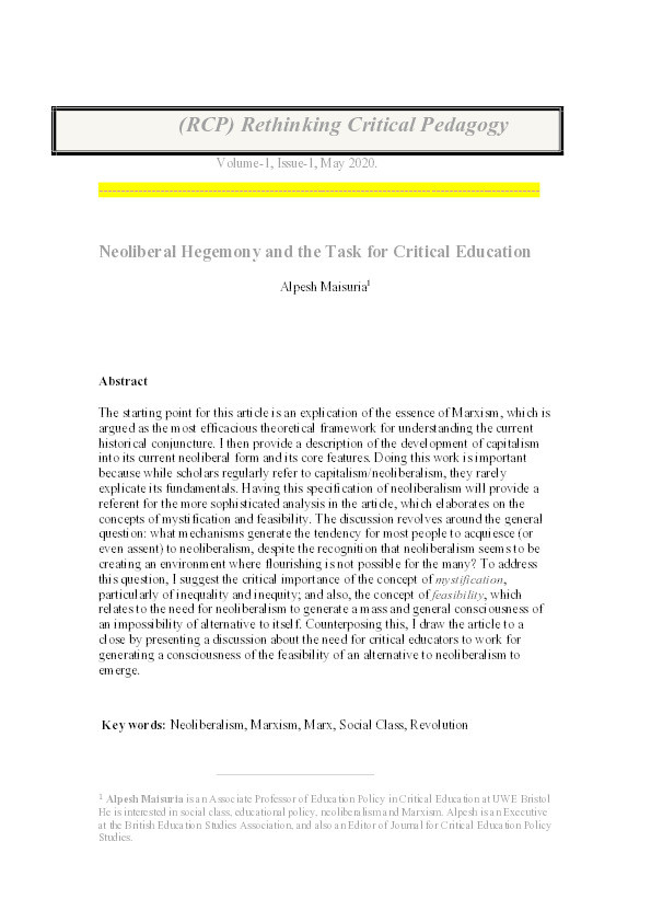 Neoliberal hegemony and the task for critical education Thumbnail