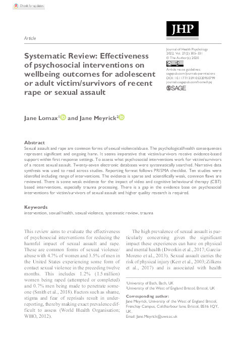 Systematic Review: Effectiveness of psychosocial interventions on wellbeing outcomes for adolescent or adult victim/survivors of recent rape or sexual assault Thumbnail