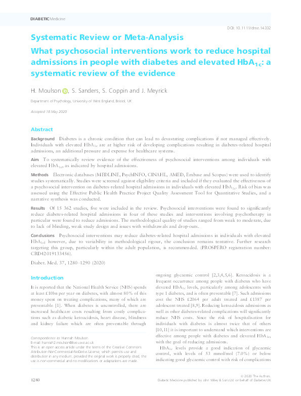 What psychosocial interventions work to reduce hospital admissions in people with diabetes and elevated HbA1c: a systematic review of the evidence Thumbnail