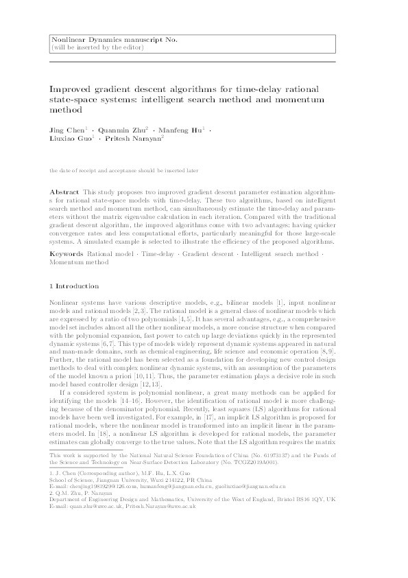 Improved gradient descent algorithms for time-delay rational state-space systems: Intelligent search method and momentum method Thumbnail