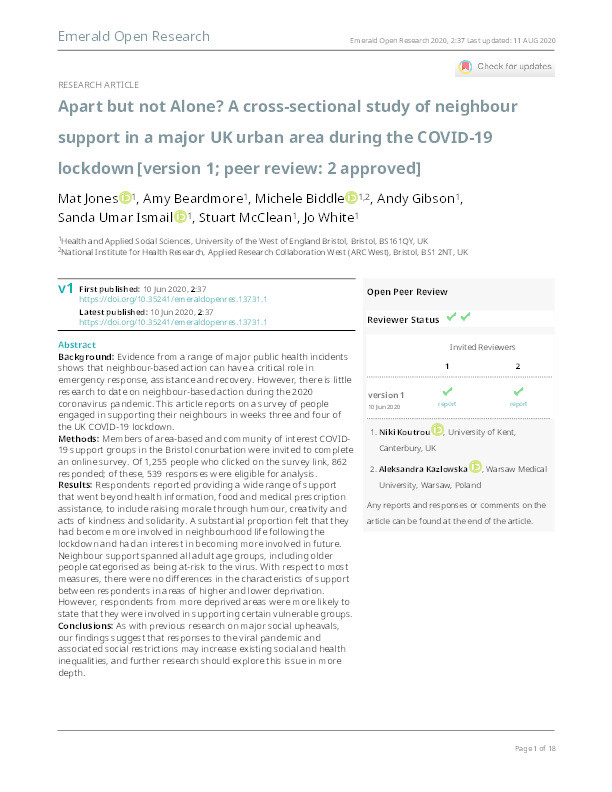 Apart but not alone? A cross-sectional study of neighbour support in a major UK urban area during the COVID-19 lockdown Thumbnail
