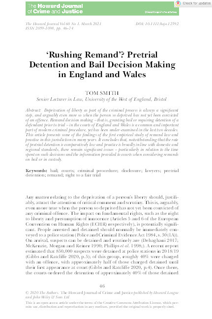 ‘Rushing remand’? Pre-trial detention and bail decision-making in England and Wales Thumbnail
