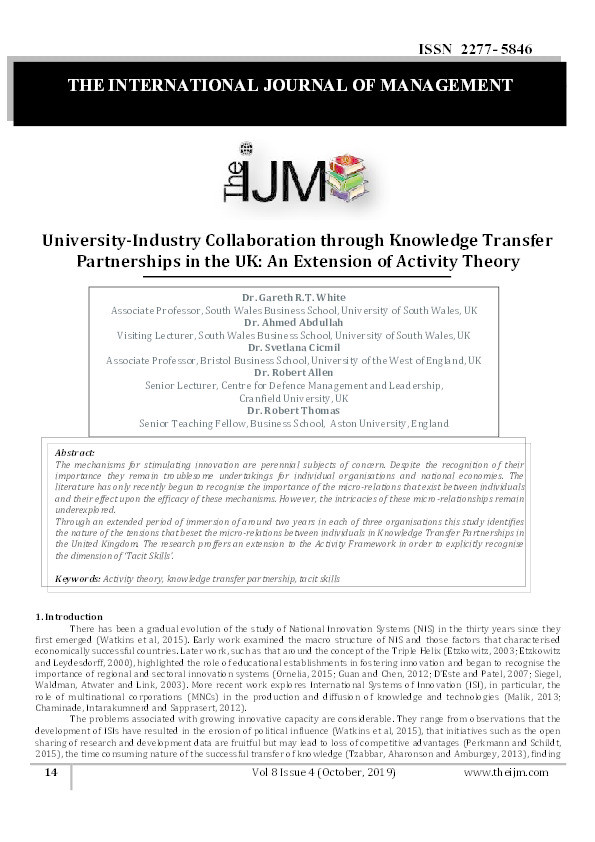 University-industry collaboration through Knowledge Transfer Partnerships in the UK: An extension of activity theory Thumbnail