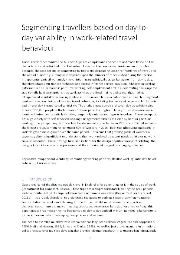 Segmenting travellers based on day-to-day variability in work-related travel behaviour Thumbnail