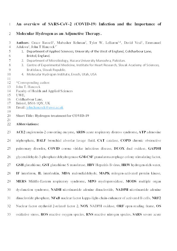 An overview of SARS-CoV-2 (COVID-19) infection and the importance of molecular hydrogen as an adjunctive therapy Thumbnail