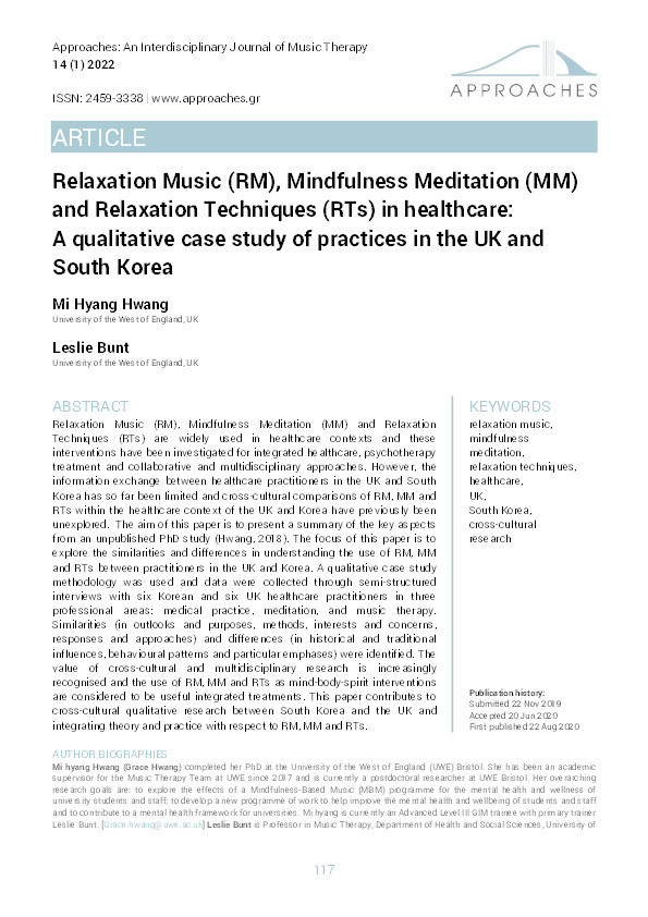 Relaxation Music (RM), Mindfulness Meditation (MM) and Relaxation Techniques (RTs) in healthcare: A qualitative case study of practices in the UK and South Korea Thumbnail