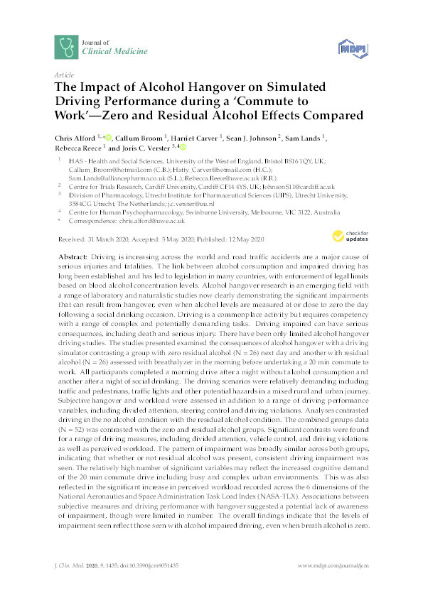 The impact of alcohol hangover on simulated driving performance during a ‘commute to work’—zero and residual alcohol effects compared Thumbnail