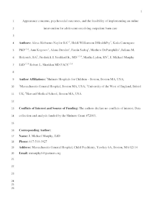 Appearance concerns, psychosocial outcomes, and the feasibility of implementing an online intervention for adolescents receiving outpatient burn care Thumbnail