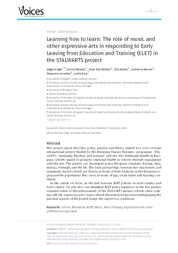 Learning how to learn: The role of music and other expressive arts in responding to Early Leaving from Education and Training (ELET) in the STALWARTS project Thumbnail