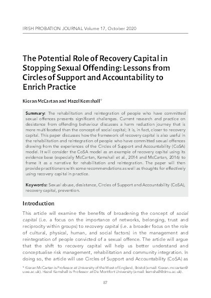 The potential role of recovery capital in stopping sexual offending: Lessons from circles of support and accountability to enrich practice Thumbnail