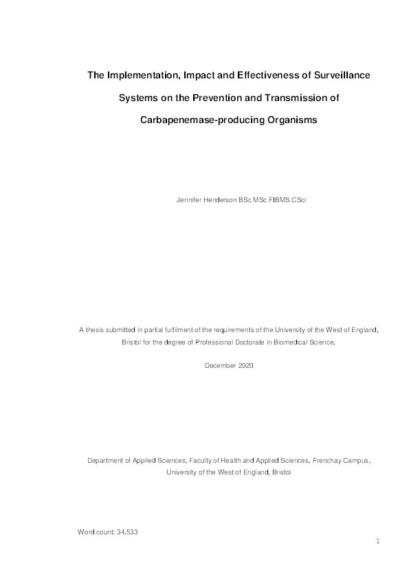 The implementation, impact and effectiveness of surveillance systems on the prevention and transmission of carbapenemase-producing organisms Thumbnail