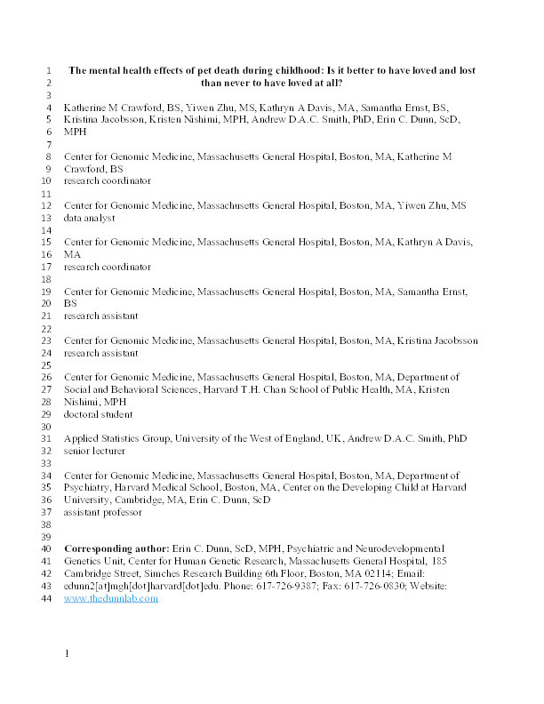 The mental health effects of pet death during childhood: Is it better to have loved and lost than never to have loved at all? Thumbnail