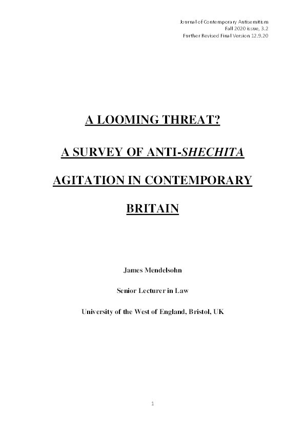 A looming threat? - A survey of anti-shechita agitation in contemporary Britain Thumbnail